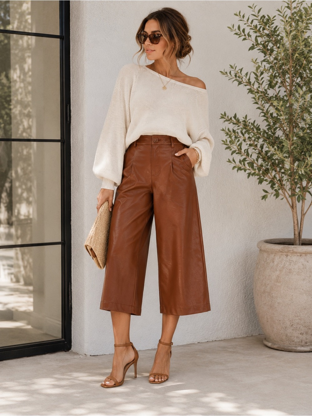Anthropologie Faux Leather Wide-Leg Culotte Shorts in Chestnut Brown